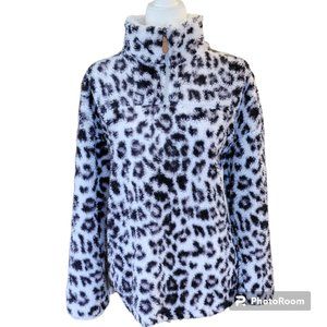 Warm & Cozy Lifestyle Snow Leopard Sherpa Fleece Quarter Zip Pullover Oversized